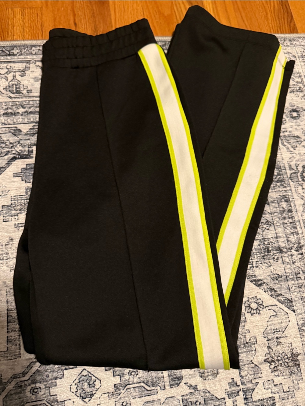 Zara Black Track Pants Neon Yellow White Piping Elastic Waist Medium